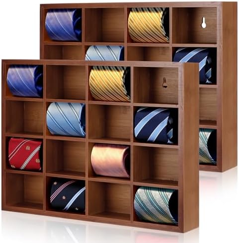 Wesiti Tie Box Organizer Wall Mounted Tie Rack with 16 Compartments Bamboo Belt Holder for Men Scarf Necktie Home Wall Closet(Dark Brown Color,2 Piece) by Unteilti