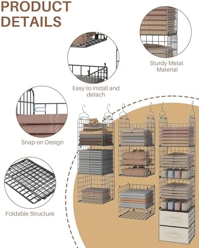 4 Tier Metal Hanging Closet Organizer with 2 Fabric Drawers - Image 6