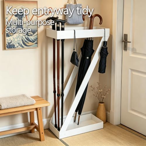 Umbrella Holder for Entryway, White Indoor Umbrella Stand with Hooks,Metal Umbrella Storage Rack Ideal for Home Office Hotel Lobby - Image 2