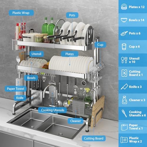 Over The Sink Dish Drainer Drying Rack 3 Tier Adjustable Width - Image 5