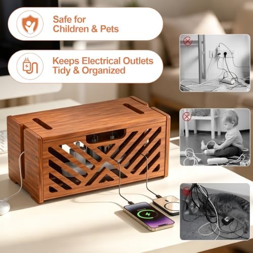 Extra Large Wooden Cable Management Box, 15.35 x 8.98 x 8.27 inches, Cord Hider Box with Cable Slots, Cable Organizer Box to Hide Power Strips, Surge Protector, Extension Cords for Desk & Floor - Image 6