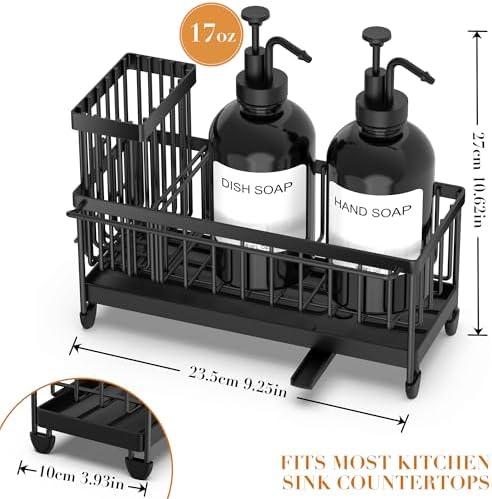 Kitchen Soap Dispenser Set with Sponge Holder and Towel Rack, 17OZ Glass Bottle, Hand and Dish Soap Dispenser Set, Non-Slip Silicone Pad, Brush Holder, Kitchen Sink Caddy Organizer Countertop (Black) - Image 2
