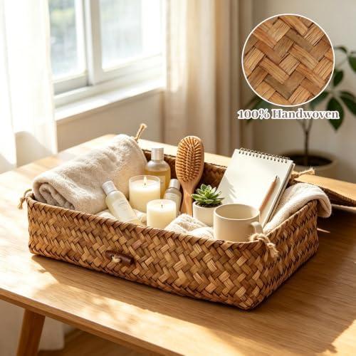 Certbuy Set of 4 Wicker Basket with Lid Nautral Seagrass Storage Baskets Sturdy Woven Rectangular Basket Bins for Organizing Shelf Closet Bedroom - Image 5