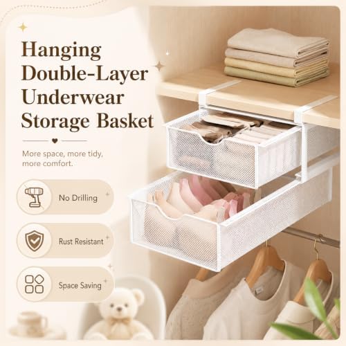 Underwear Organizer for Closet, Under Shelf Pull Out Drawer Organizer, Hanging Double Layer Mesh Basket for Bra Socks Lingerie Storage, Space Saving Wardrobe Organizer for Bedroom (Two-story) - Image 3