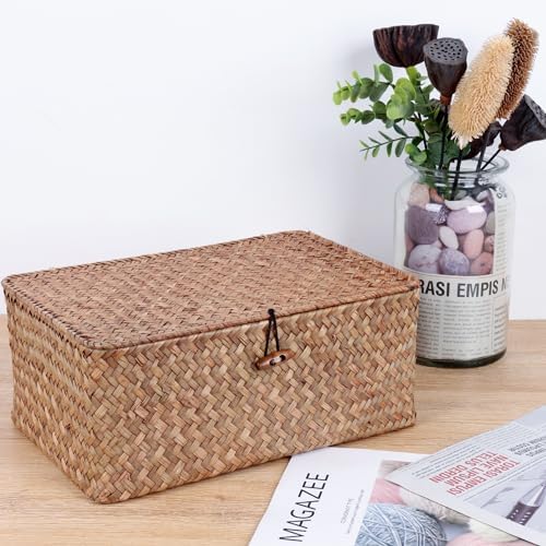 FEIALNDUO Wicker Shelf Baskets with Lid,Seagrass Storage Basket Bins Rectangular Handwoven Basket Boxes for Shelves Desktop Home Organizer (Coffee, Large) - Image 4