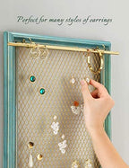 Heesch Hanging Earring Organizer Frame Wall Mounted Jewelry Holder Vintage Rustic Stud Earring Display with Removable Rod and 12 Hooks for Necklaces, Bracelets and Rings (Teal) - Image 2