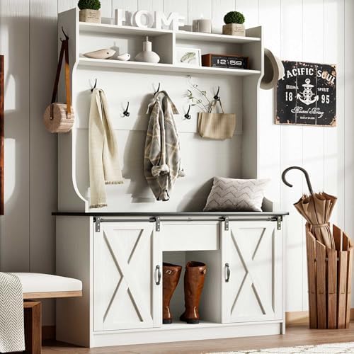 4ever2buy Farmhouse Hall Tree with Bench & Shoe Storage, White by 4ever2buy
