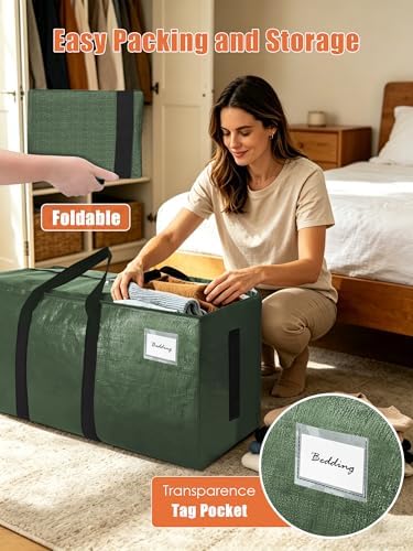 SWEET DOLPHIN 8 Pack 200LB Heavy-Duty Moving Bags with Wrap-Around Handles, Extra Large Storage Totes for Space Saving, Clothes Storage Bags, College Dorm Essentials, Green, 24 Gal - Image 3