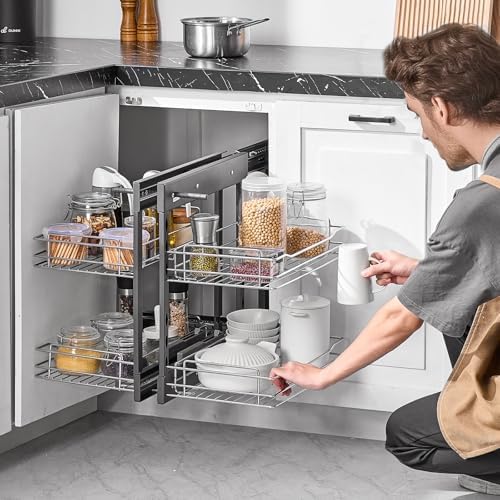 VEVOR Min 15" W Opening Blind Corner Pull Out Organizer, 2 Tier 4 Shelf Kitchen Cabinet Organizer, Chrome Carbon Steel Storage Basket, Slide Out Storage Organizer, Left & Right Open Compatible - Image 2