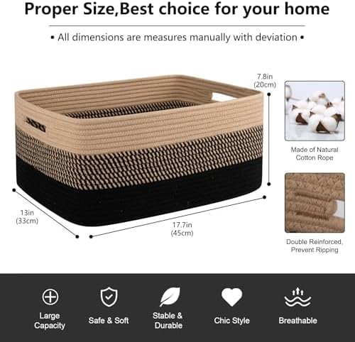 OIASKET Large Storage Basket for Organizing, Woven Rope Basket for Shelves, Closet Organizer Bins for Clothes, Blanket, Toys, Baby Nursery Storage, 17.7" x 13" x 7.87", 2 Packs Black & Brown - Image 2