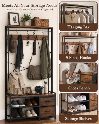 Faesun Hall Tree with Bench and Shoe Storage, Rustic Brown - Image 4