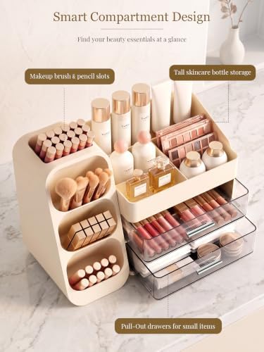 Booklov Large Makeup Organizer for Vanity Countertop, Cream - Image 3