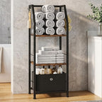 CHOEZON 3-Tier Towel Rack Freestanding, Towel Rack with a Fabric Drawer, 2 M-Shaped Metal Dividers and 4 Hooks, Bathroom Towel Storage Shelf, Towel Storage for Bathroom, Rustic Brown and Black TCJ29BF by Choezon