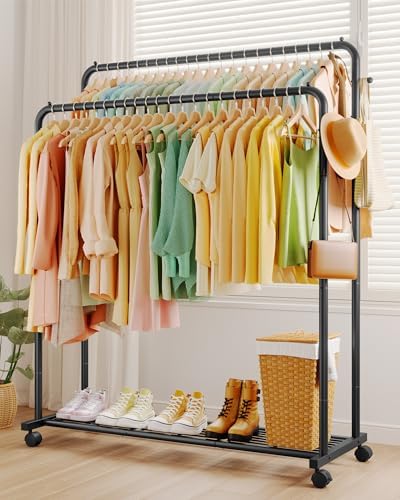 Sakugi Double Rod Clothes Rack Mesh Shelf & Hooks, 47.2x16.9x59.1, Black - Image 3