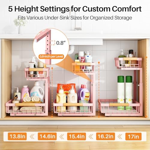 PXRACK Under Sink Organizer, Adjustable Height, 2 Tier Pull Out Under Cabinet Organizer, Slide Out Thickened Metal Under Sink Storage for Kitchen Bathroom Laundry Pantry Cabinet, Pink, Large-1-Pack - Image 5