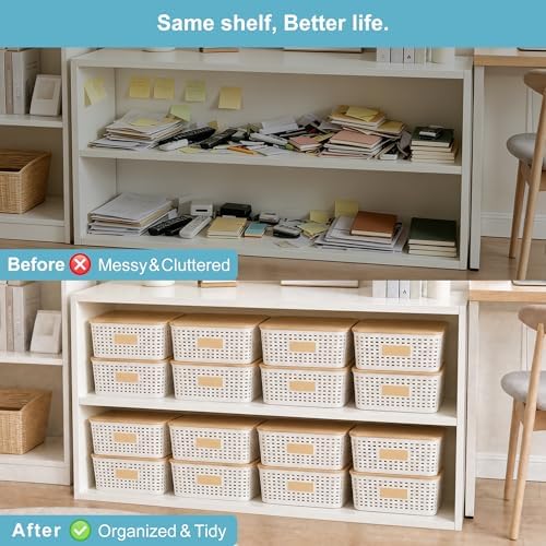 Bagnizer 4 Pack Plastic Storage Bins with Bamboo Lids, 6.2qt Stackable Storage Organizer Box with Lable for Pantry Shelves Drawers Desktop Office, 12"L x 8.3"W x 3.5"H, Cream White - Image 7