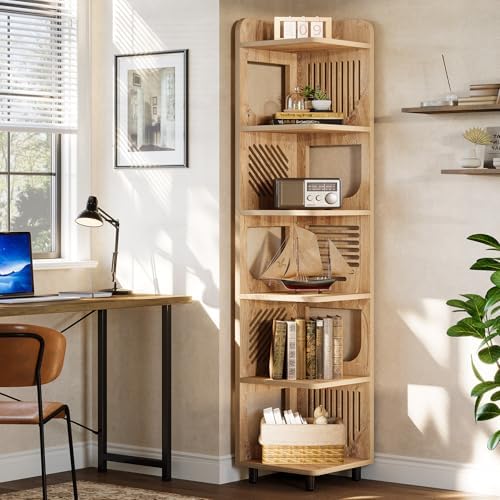 Tribesigns 6 Tiers Corner Shelf, Tall Skinny Corner Bookshelf Bookcase with Hollow Design, Farmhouse Narrow Display Shelf for Living Room, Bedroom, Small Space, Natural - Image 5