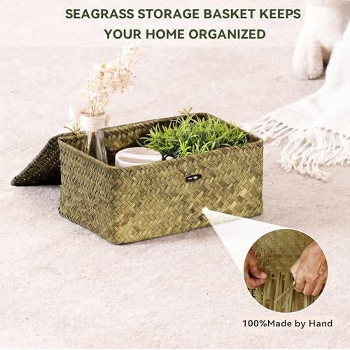 Nonam Seagrass Storage Basket with Lid, Set of 3, Dark Moss Green - Image 4