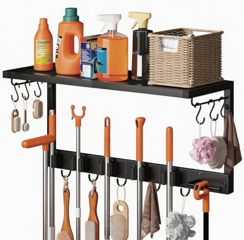 Broom Holder Wall Mount Heavy Duty, 26.8" Garage Tool Organizer with Shelf and Hooks, Metal Broom and Mop Organizer Wall Hanging for Laundry Room, Kitchen, Black by Unknown