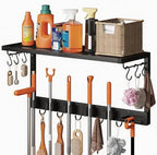 Broom Holder Wall Mount Heavy Duty, 26.8" Garage Tool Organizer with Shelf and Hooks, Metal Broom and Mop Organizer Wall Hanging for Laundry Room, Kitchen, Black by Unknown