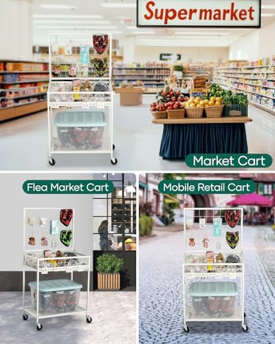 AHOWPD Grid Wall Panels Display Cart - Rolling Heavy Duty Metal Wire Grid Wall Display Stand Rack with 10 Hooks & 10 S Hooks for Craft Shows, Retail Art Fair and Flea Market (White Cart, 1 pc) - Image 3