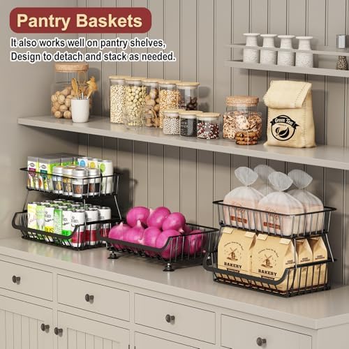 3-Tier Rolling Pantry Cart with Wheels, Stackable Wire Storage Floor Organizer for Kitchen Pantry Snack Shelves, Fruit Basket Stand, Vegetable Storage Rack for Food Snacks Onion Potato, Black, 2 Pack - Image 3