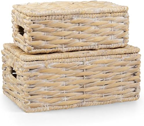 Set of 2 White Wicker Baskets with Lid by 84ECO