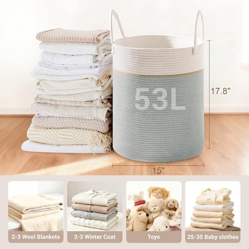 53L Tall Cotton Rope Laundry Basket with Handles, Sage Green - Image 2