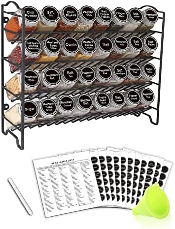 SWOMMOLY Spice Rack Organizer with 32 Glass Spice Jars and 396 Spice Labels by SWOMMOLY
