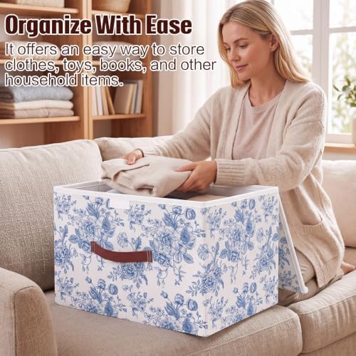 2 Pack Blue Floral Storage Bin with Lids, 17x11x12 Inch - Image 3