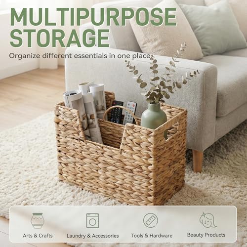 Wicker Magazine Basket with Handle, 2 Compartments - Image 4