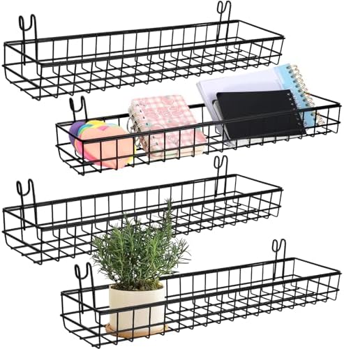 4 Pcs 15.75 x 3.94 x 1.97 Inch Metal Grid Wall Baskets with Hooks Grid Wall Shelves Hanging Wire Basket Multi Function Storage Organizer for Kitchen Organizing Display (Black) by Unknown