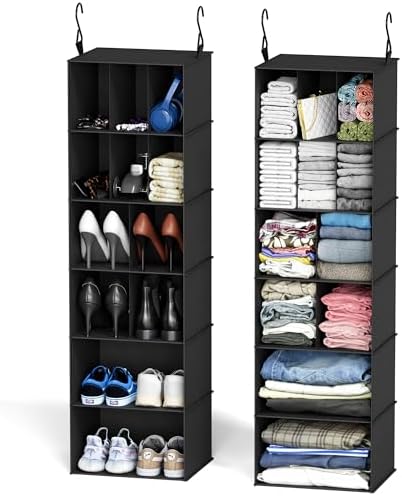 SpaceAid 2 Pack Hanging Closet Organizer and Storage with Dividers, 24 Compartments Hanging Shoe Shelves for Closet, Wardrobe, RV, Garment Rack - Black by SpaceAid