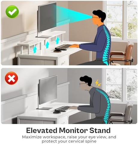 Huuger 55 Inch Computer Desk with Power Outlets and LED Lights, Gaming Desk with 4 Drawers, Office Desk with Monitor Stand, Study Work Home Office, White - Image 6