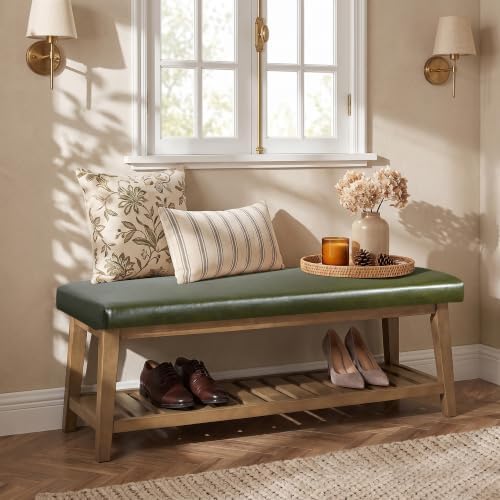 Zihanhome Entryway Shoe Bench, End of Bed Bench,Leather Bench(PU-Green) - Image 6