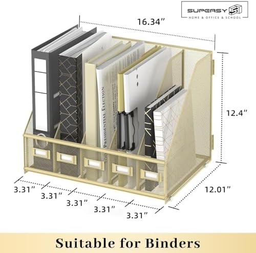 SUPEASY Desk Organizers Metal Desk Magazine File Holder with 5 Vertical Compartments Rack File Organizer for Office Desktop, Classroom, Home Workspace, Golden Yellow, Plus - Image 3