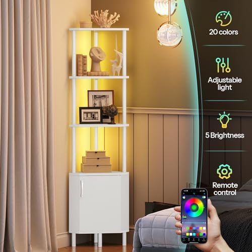 HOOBRO Corner Cabinet with LED Light, Corner Shelf Stand with Storage and Doors, 5-Tier Industrial Corner Bookshelf, 59” Tall Display Rack Shelf, for Living Room, Kitchen, White WT147DCJ01 - Image 6