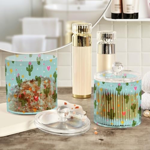Blue Cactus Hearts Stars Qtip Holder Waterproof Dustproof Apothecary Jars with Lids For Bathroom Cotton Swabs Makeup Sponges Floss Picks Bath Salts 2 Pack - Image 4