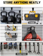 AZUNO 32Pcs Slatwall Accessories Set with 4 Slatwall Baskets & 26 Multi-Sized Slatwall Hooks and 2 Heavy-Duty Storage Straps for Garage, Workshop, and Home Organization Storage - Image 7