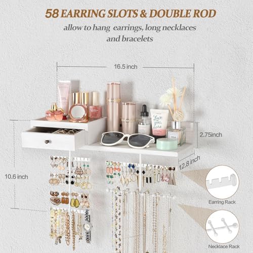 VINAEMO Jewelry Organizer Hanging Wall Mounted Jewelry Holder with Rustic Wood Drawer & Large Capacity Storage Shelf Rack Display for Earrings Rings Necklaces Bracelet(White Iron) - Image 3