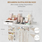 VINAEMO Jewelry Organizer Hanging Wall Mounted Jewelry Holder with Rustic Wood Drawer & Large Capacity Storage Shelf Rack Display for Earrings Rings Necklaces Bracelet(White Iron) - Image 3