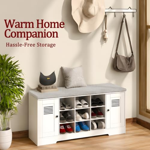 47.2" Shoe Storage Bench with Cushion, 6 Open Cubbies, 2 Cabinet - Image 3
