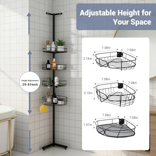 Standing Shower Caddy Corner, 4-Tier Adjustable Height Bathroom Organizer, 6-Section Pole, Sturdy Floor Standing Shelf for Shower – No Drilling, No Spring Tension - Image 4