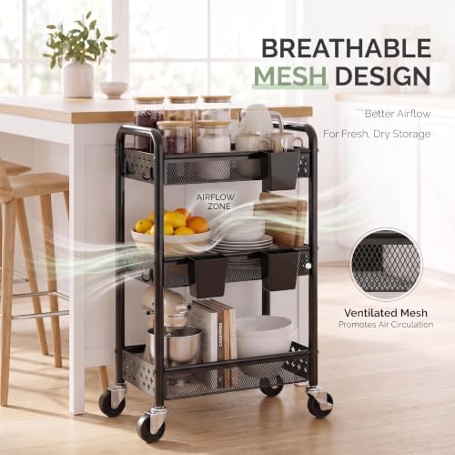 3 Tier Heavy Duty Metal Rolling Utility Cart Organizer with Wheels, Black - Image 6