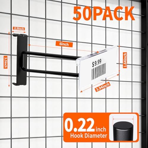 50 Pcs 6 Inch Gridwall Hooks with Label Holder, Heavy Duty Black Electroplated Hangers for Clothing, Hats, Bags – Retail Store Display Fixtures - Image 2