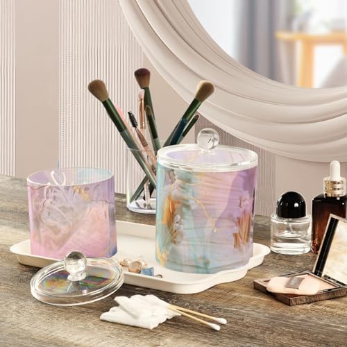 2 Pack Qtip Holder Dispenser with Lids,Watercolor Blue Pink Purple Marble Plastic Cotton Ball Holder Storage Containers,Bathroom Canisters Organizer for Cotton Swab,Cotton Round Pads,Floss 21215203 - Image 5