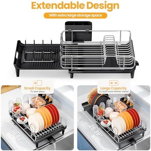 TOOLF Expandable Dish Drying Rack for Kitchen Counter, Black - Image 3