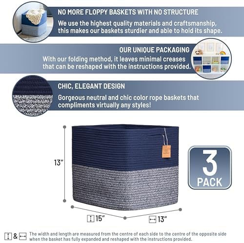 NaturalCozy 13x15x13 Kallax Storage Cubes Bins, 3 Pack | Cotton Rope Cube Storage Bin Woven Baskets for Organizing | Kallax Insert Storage Baskets for Shelves Organizer, Kids Toy, Closet Baby Nursery - Image 2