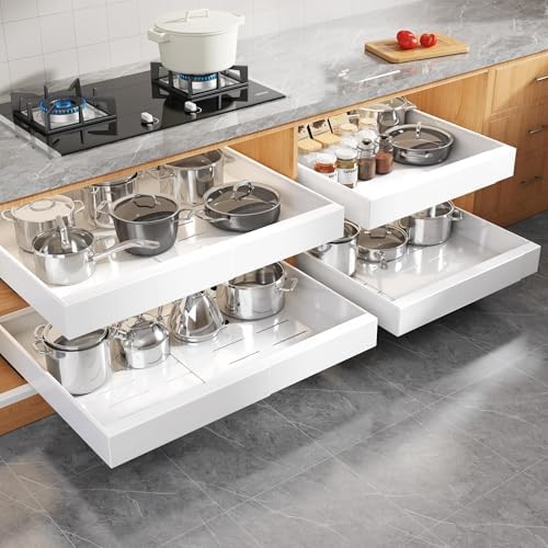 Seinloes 4 Pack Expandable Pull Out Cabinet Organizer 21"Deep With Raising Pad for Framed Cabinets,Upgrade 3 Slide Rails Slide Out Drawers,Roll Out Shelves Adhesive,Adjustable Width 15.15"-26.3" White by Seinloes