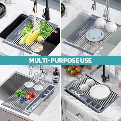 BBXTYLY Expandable Roll Up Dish Drying Rack,Over The Sink Drying Rack Sink Kitchen Accessories Rolling up Stainless Steel Drainer, Foldable with Removable Utensil Holder(Gray) - Image 4